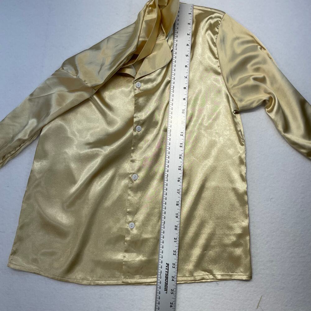 Satin Feather Cuff Blouse Pajama Style Button Up Y2K Old Hollywood Glam Top - Picture 8 of 8